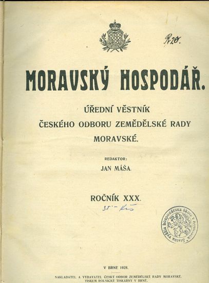 Moravsky hospodar  Ustredni vestnik ceskeho odboru zem rady moravske roc XXX - Masa Jan redaktor | antikvariat - detail knihy