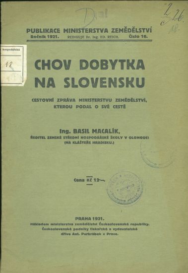 Chov dobytka na Slovensku - Macalik Basil Ing | antikvariat - detail knihy