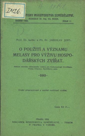 O pouziti a vyznamu melasy pro vyzivu hospodarskych zvirat | antikvariat - detail knihy