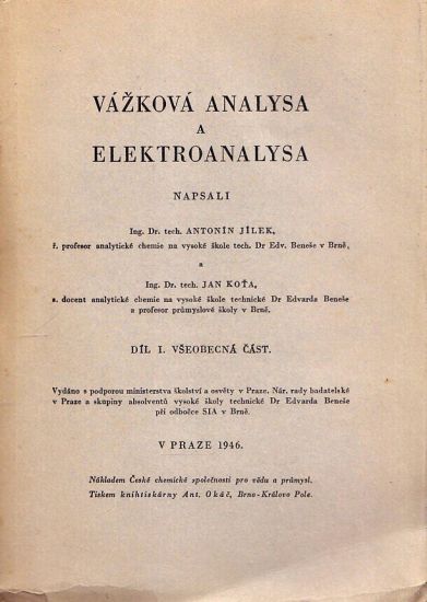 Vazkova analysa a elektroanalysa  Dil I vseobecna cast - Jilek Antonin Kota Jan | antikvariat - detail knihy
