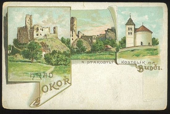 Hrad Okor a starobyly kostelik na Budci | antikvariat - detail pohlednice