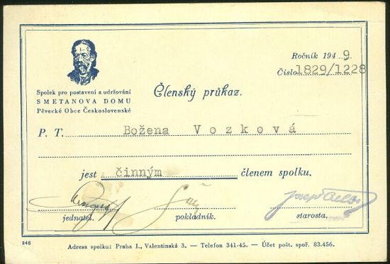 Spolek pro postaveni a udrzovani Smatanovu domu  Clensky prukaz | antikvariat - detail pohlednice