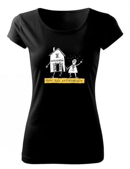 Mam rad antikvariaty - Cerne bavlnene tricko podle navrhu Pavla Koutskeho | antikvariat - detail tricka